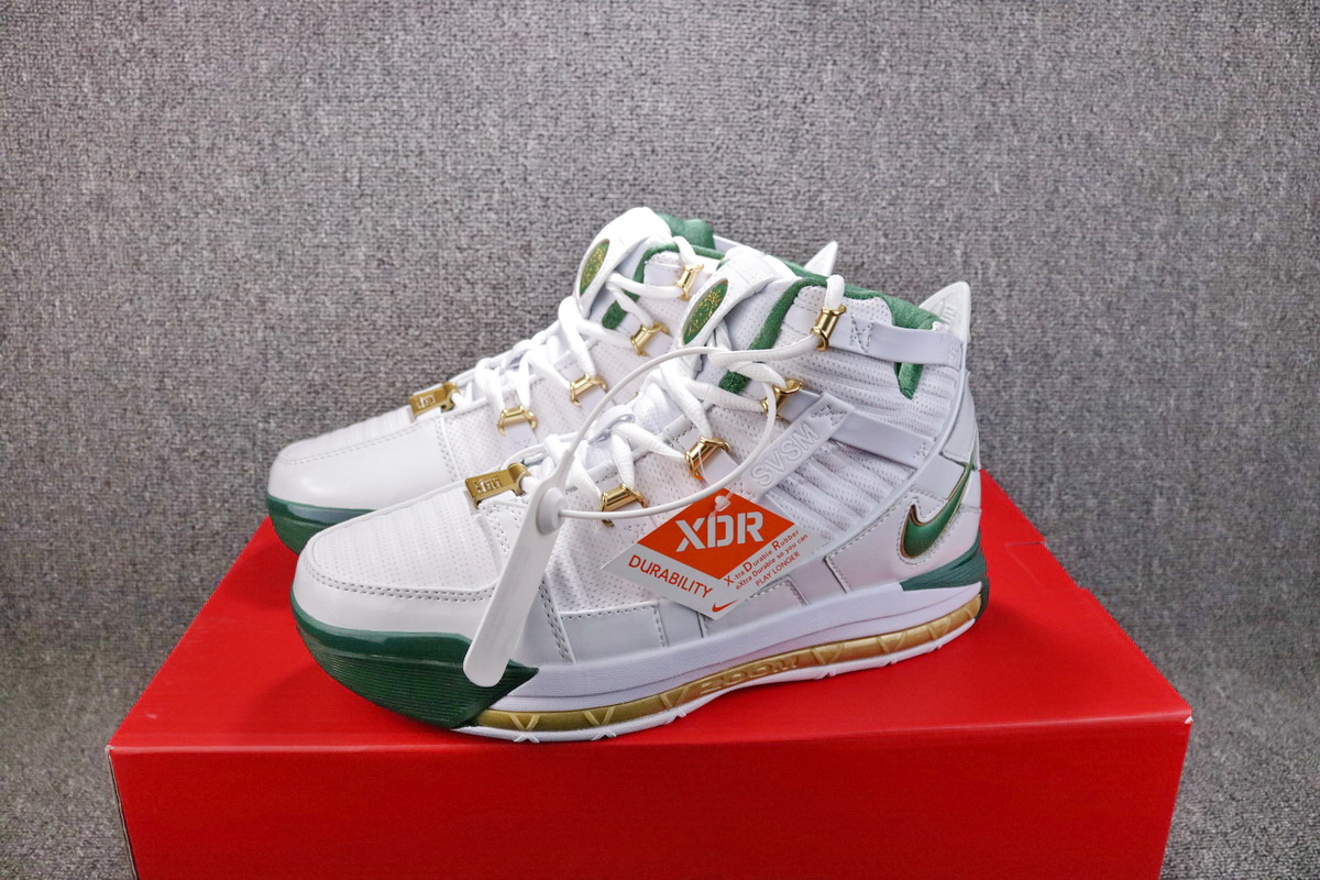 Men Nike Lebron 3 SVSM White Green Gold Shoes